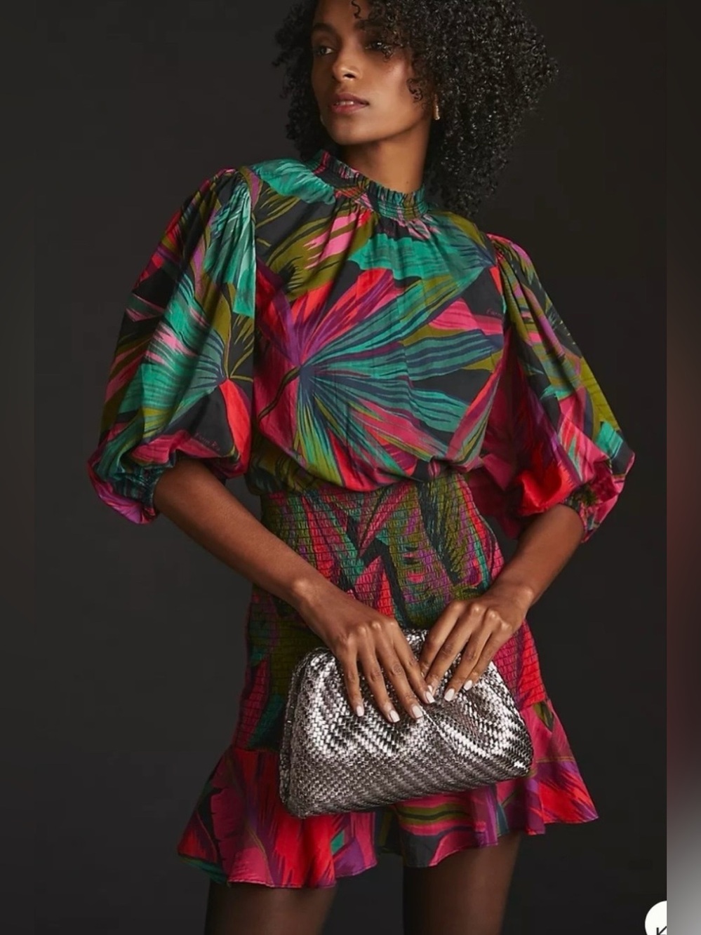 FARM Rio Tropical Leaf-Print Puff-Sleeve Dress in Pink, Teal and Green